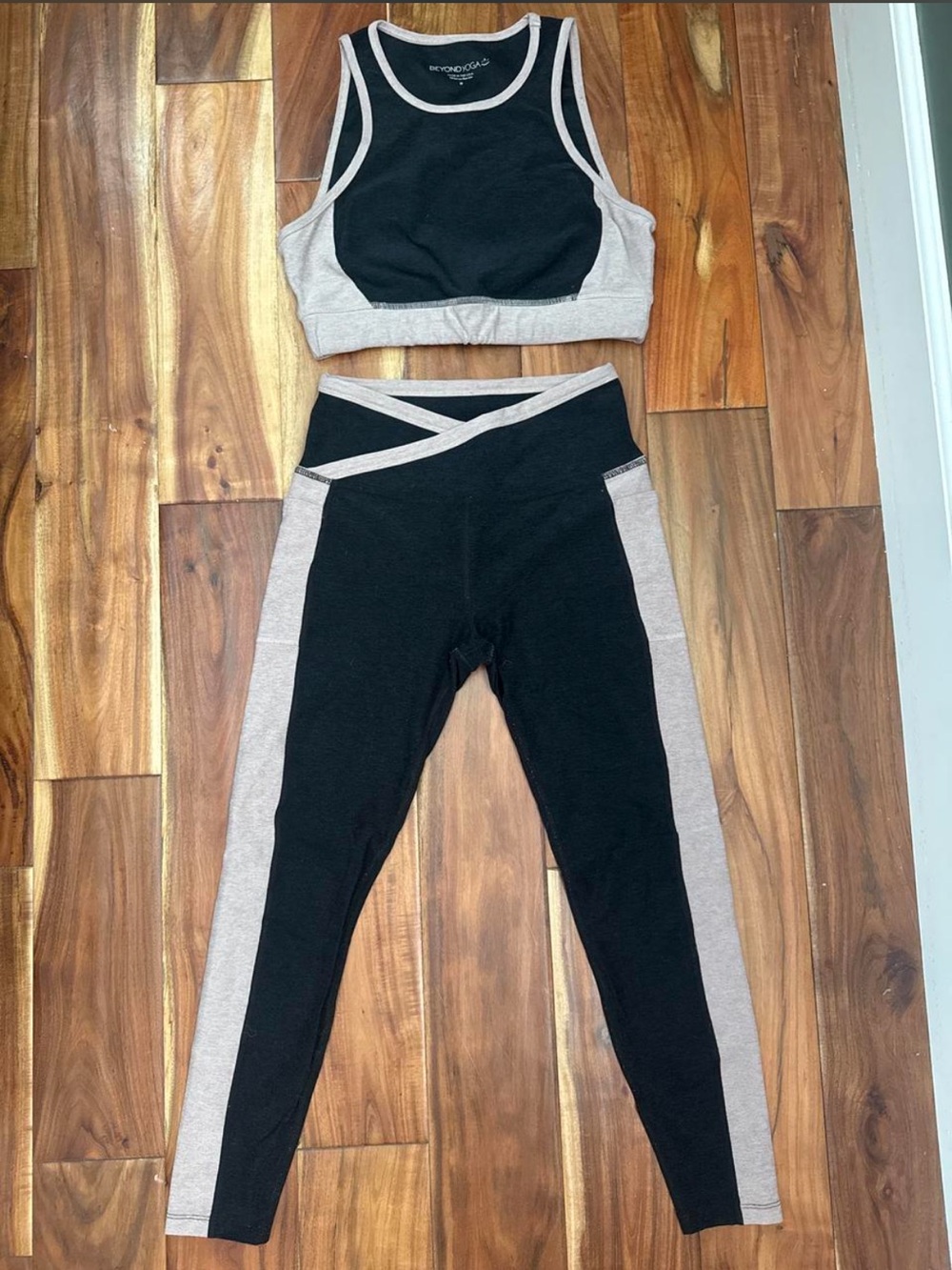 Beyond Yoga SET Black & Light Gray Two-Tone Crisscross Waist Leggings